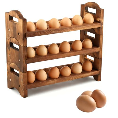 3-Tier Wooden Egg Holder Countertop, 36 Grid Stackable Farmhouse Egg Storage Rack, Rustic Kitchen Counter Decor Organizer For Fresh Chicken Duck Eggs, Housewarming Kitchen Gift