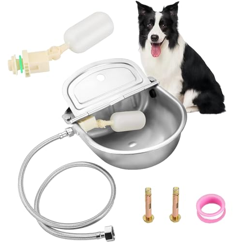 MAOPINER Water Dispenser for Dog Stainless Steel Automatic Water Bowl Dispenser, Water Trough Waterer Dispenser Self-Filling Trough with Float Valves and Pipe Hose (Without Drain Hole)