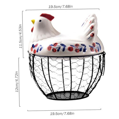 Ceramic Egg Holder, Hollow-Out Wire Chicken Egg Holder with Chicken Shaped Lid, Non Slip Basket Countertop with Handle for Gathering Fresh Eggs