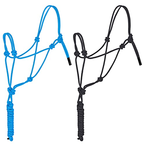 Dunzy 2 Pcs Horse Rope Halters 4 Knot 0.31 Inch Training Halters for Horses Adjustable Braided Nylon Cord Sturdy Lead Rope for Control & Trainin Equestrian Horsemanship Outdoor Sports Black Turquoise