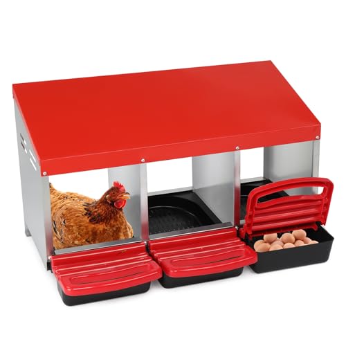 VINGLI Chicken Nesting Box 3-Compartment Roll-Out with Plastic Baskets, Egg Nesting Boxes for Hens, Chicken Coop Laying Box, Red
