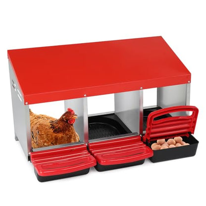 VINGLI Chicken Nesting Box 3-Compartment Roll-Out with Plastic Baskets, Egg Nesting Boxes for Hens, Chicken Coop Laying Box, Red