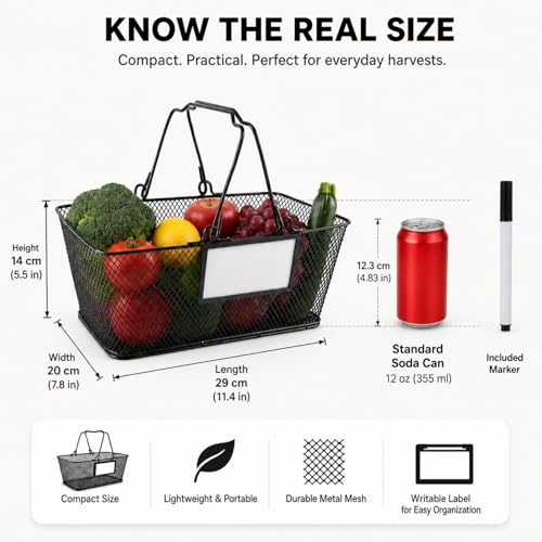 Garden Harvest Basket,Metal Wire Storage Basket with Handle,Large Food Baskets,Garden Baskets for Gathering Vegetables,Fruits,Kitchen,Picnic,Black