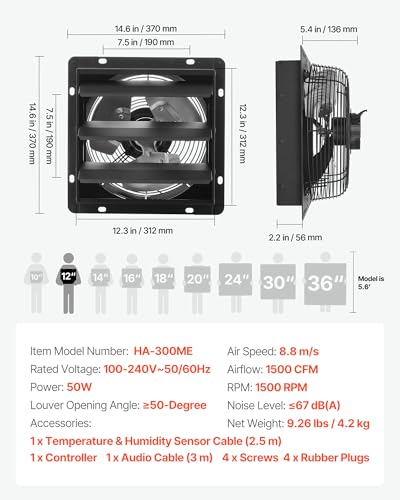 VEVOR 12 inch Exhaust Fan, Wall Mounted Attic Fan with Variable Speed, Temperature & Humidity Controller, 1500 CFM, Automatic Shutter - size: 12 Inch