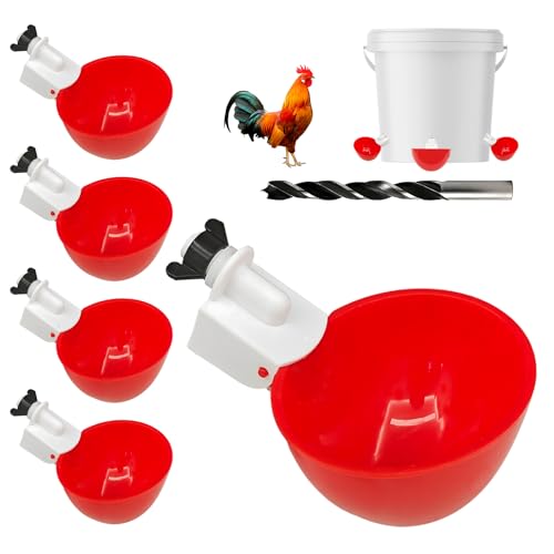 5PCS Chicken Waterer Cups, Red Automatic Poultry Watering Cups, Tee Fittings Poultry Waterer with Mounting Hole Opener,Ideal for Chicken Coop, Ducks, and Backyard Poultry