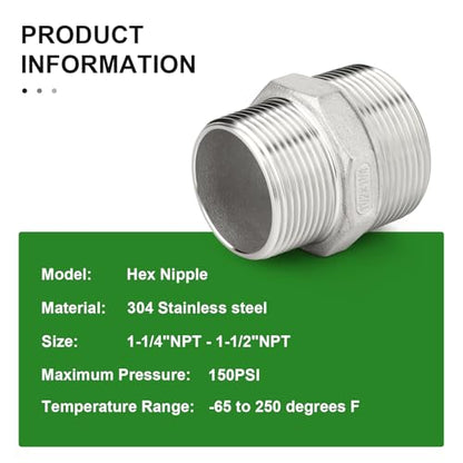 TAISHER 2PCS Cast 304 Stainless Steel Hex Nipple, Reducer Pipe Fitting 1-1/2" NPT Male x 1-1/4" NPT Male - size: 1-1/2" NPT x 1-1/4" NPT