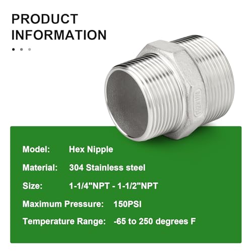 TAISHER 2PCS Cast 304 Stainless Steel Hex Nipple, Reducer Pipe Fitting 1-1/2" NPT Male x 1-1/4" NPT Male - size: 1-1/2" NPT x 1-1/4" NPT