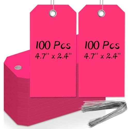 100 PCS Neon Color Shipping Tags - 4 3/4" x 2 3/8" Heavy Duty Hang Tags with Reinforcement Holes - Writable Luggage Tag with String - Neon Pink - color: Neon Pink
