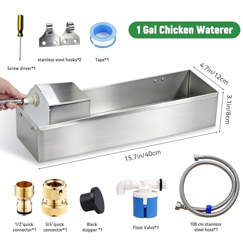 Automatic Chicken Waterer Dispenser Stainless Steel Poultry Waterer Dispenser with Float Valve Kit and Drain Hole Hanging Chicken Watering System for Hen Pigeon Duck Goose Turkeys