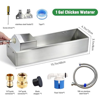Automatic Chicken Waterer Dispenser Stainless Steel Poultry Waterer Dispenser with Float Valve Kit and Drain Hole Hanging Chicken Watering System for Hen Pigeon Duck Goose Turkeys