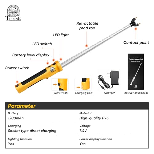 Retractable Cattle Prod, Rechargeable Livestock Prod with LED Light, Waterproof Animal Herding Tool for Cattle, Pigs and Goats, Heavy Duty Livestock Management(42in)