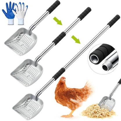 Willinglong 48 Inch Metal Chicken Coop Pooper Scooper (16 to 48 Inch) Long Handle Scooper with Detachable Stainless Steel Long Handle Gloves Accessory for Cleaning Chicken Coop(Silver) - color: Silver