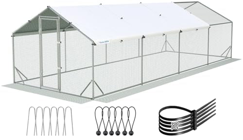 Quictent Advanced Series 24x9 ft Metal Chicken Coop Run with Side Hardware Cloth, Large Walk-in Outdoor Poultry Cage Heavy Duty Predator Proof Hen Duck Rabbit Farm Pen House, Waterproof Anti-UV Cover - color: White, size: 24x9 ft