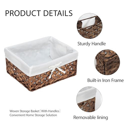 Water Hyacinth Storage Basket Small with Metal Frame & Removable Liner, 11.8”×7.9”×5.5” Rectangular Woven Organizer Bin for Bathroom Vanity, Desk, Nursery, Closet, Home Organization - size: Small