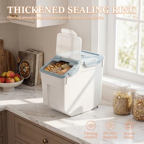 2 Pcs Rice Storage Container(55lbs), Large Airtight Flour Storage Containers with Seal Locking Lid & Wheels, Dog Pet Food Bin with Measuring Cup, for Sugar Cereal Dry Food Blue