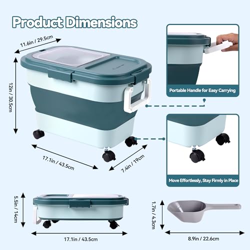 Wood Pellet Storage Container 20-25lbs, Airtight Bin with Locking Lid & Clear Window, Collapsible Pellet Bucket with Wheels, Scoop & Labels, Dark Green - color: Green-M