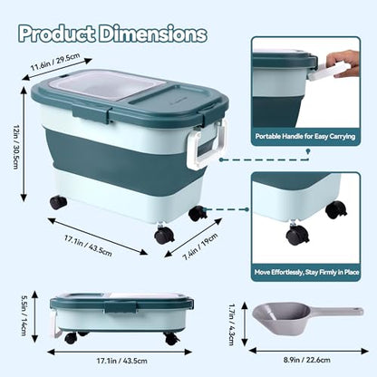 Wood Pellet Storage Container 20-25lbs, Airtight Bin with Locking Lid & Clear Window, Collapsible Pellet Bucket with Wheels, Scoop & Labels, Dark Green - color: Green-M