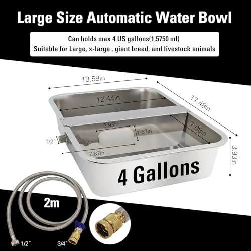 4 Gal Automatic Dog Water Bowl, Stainless Steel Auto Fill Livestock Waterer | Includes Hose & Float Valve. Fits 3/4" GHT. Rust-Proof. 2 Drinking Zones for Dog &Chicken Indoor & Outdoor Use