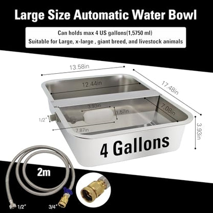 4 Gal Automatic Dog Water Bowl, Stainless Steel Auto Fill Livestock Waterer | Includes Hose & Float Valve. Fits 3/4" GHT. Rust-Proof. 2 Drinking Zones for Dog &Chicken Indoor & Outdoor Use