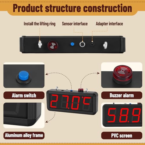 JIAWANSHUN 4" Large LED Industrial Temperature Display, -58℉-212℉ ±0.9℉, ℃/℉ Adjustable Thermometer with Flashing Alert & Independent Switch, for Lab, Aquarium & Freezer