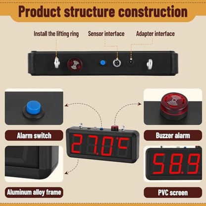 JIAWANSHUN 4" Large LED Industrial Temperature Display, -58℉-212℉ ±0.9℉, ℃/℉ Adjustable Thermometer with Flashing Alert & Independent Switch, for Lab, Aquarium & Freezer