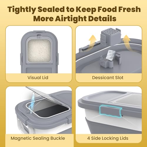 HOYTAMDA 20-30Lbs Rice Container,Collapsible Airtight Food Storage Containers with Wheels,Handle,Rice Storage Container with Small Bin and Scoop - color: Grey/20-30lbs