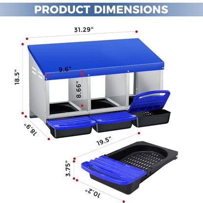 Chicken Nesting Box 3-Compartment Roll-Out with Pull-Out Trays, Egg Nesting Boxes for Hens, Chicken Coop Laying Box,Easy Wall Mounting with Metal Legs - color: Blue, size: 3 holes