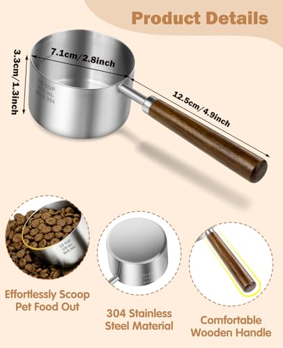 Stainless Steel Dog Food Scoop 1/2 Cup, Dog Food Measuring Cup With Measuring Lines & Long Wooden Handle, Metal Pet Food Scoop For Dogs, Cats and Kitchen Use (1/2 CUP) - size: 1/2 CUP