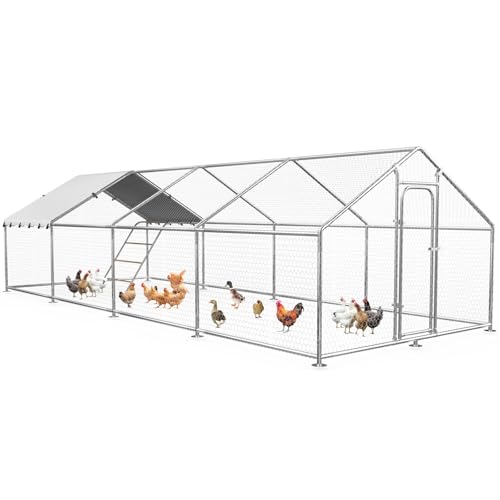 Large Metal Chicken Coop with Roosting Perch, Waterproof and UV Protection Cover, Chicken Run Outdoor Walk-in Cage Chicken Rabbit Duck Hen House for Yard Farm Use Spire Roof (10’ W x 26.2’ L x 6.4’ H) - size: 26x10Ft - Spire