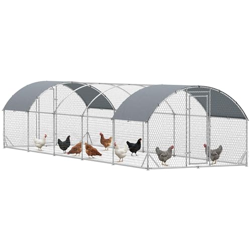 PawHut 9.2' x 31.2' x 6.5' Large Chicken Coop Metal Chicken Run w/Waterproof and Anti-UV Cover, 2 Lockable Doors, Dome Shaped Walk in Hen House for 30-40 Hens, Ducks, Poultry, Outdoor Yard Farm Use - size: 374.0"L x 110.2"W x 77.6"H