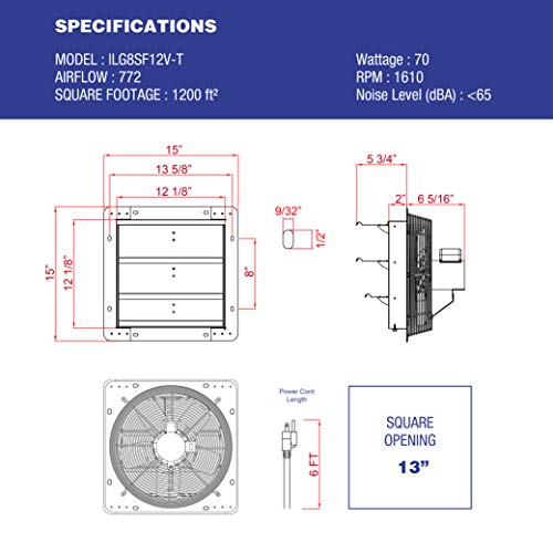 iLIVING 12" Wall Mounted Shutter Exhaust Thermostat Control-3 Speeds Vent Fan For Home Attic, Shed, or Garage Ventilation, 960 CFM, 1200 SQF Coverage Area, Variable, Silver - style: 12" Fan w/ Thermostat