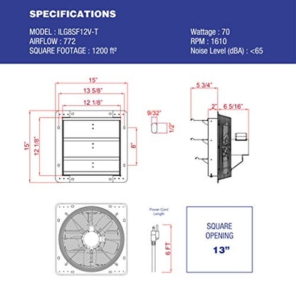 iLIVING 12" Wall Mounted Shutter Exhaust Thermostat Control-3 Speeds Vent Fan For Home Attic, Shed, or Garage Ventilation, 960 CFM, 1200 SQF Coverage Area, Variable, Silver - style: 12" Fan w/ Thermostat
