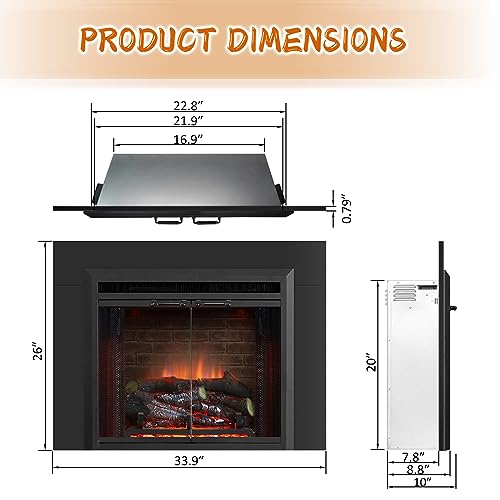 PuraFlame Klaus 23” Electric Fireplace Insert with Trim Kit, Fire Crackling Sound, Resin Log, Glass Door and Mesh Screen, 750/1500W Heater, Black - size: 23" with Trim