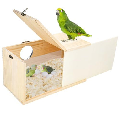 Parakeet Nesting Box Cockatiel Nesting Natural Pine Bird Nest Bird Breeding Box House Acrylic Transparent Bird Box with Detachable Wooden Board for Lovebirds Cockatiel Budgie Conure Parrot XL - size: XL(13.3*7.4*6.6inch)