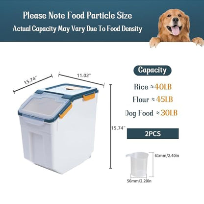 50 lbs Flour Storage Container, 2 Pack Rice Storage Container with Measuring Cup & Scoop, Pet Food Storage Container Dog Cat Food Bin, Blue - color: 50BL,2PCS,BLUE