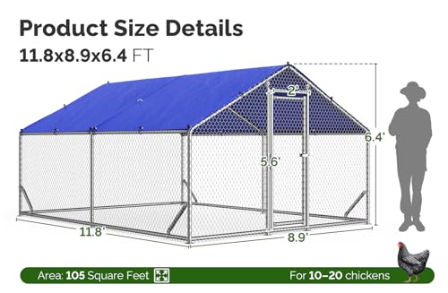 Sino Luban Metal Large Chicken Coop Run for Yard with Waterproof Cover, Chicken Runs for 20 Chickens/Ducks, Chicken Pen Chicken Enclosure Outdoor, Walk-in Poultry Cage (Upgrade Support Brace) - size: 11.8x8.9 FT
