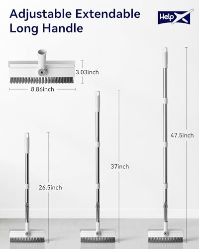 Small Floor Scrub Brush with Length Adjustable Long Handle, 3 in 1 Heavy-Duty Stiff Bristle Scrubber Brush with Squeegee and Tweezer Push Broom for Cleaning Bathroom, Patio, Garage and Kitchen - color: White