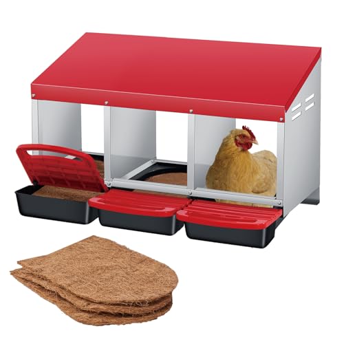 GarveeLife Chicken Nesting Box with Nesting Pads, Galvanized Steel Nest with Roll Away Egg Collection & Swing Perch, Easy-Clean Laying Box for Hens, Heavy Duty Design for Chicken Coop - color: Nesting Pads, size: 3 holes