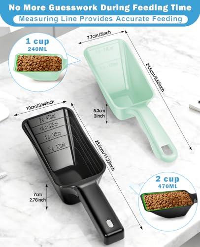 2-Pack Dog Food Scoop Set,1 Cup and 2 Cup Plastic Pet Food Measuring Scoops with Clear Measurement Lines,Multi-Purpose Pet Food Scooper for Dogs, Cats (Green and Black) - color: Green and Black