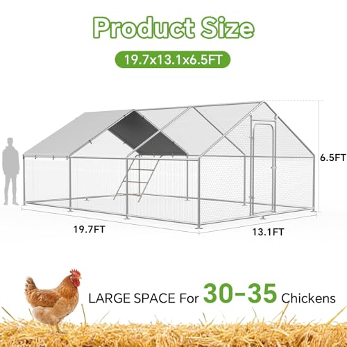 Large Metal Chicken Coop Run with Roosting Perch, Outdoor Waterproof & UV-Resistant Cover for Chickens, Ducks, Rabbits, Hens in Yard or Farm Use Spire Roof (13.1'Wx19.7'Lx 6.5'H) - size: 236.0"L x 157.5"W x 78.0"H
