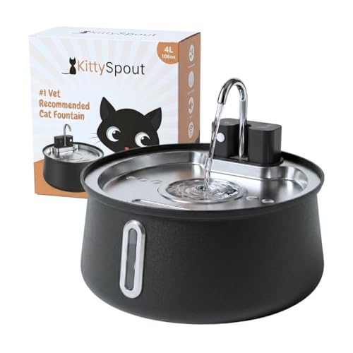 KittySpout 4L Stainless Steel Cat Water Fountain, Cordless Automatic Pet Drinking Dispenser, Quiet Circulating Water Bowl for Cats and Small Dogs, Dishwasher Safe, Indoor Use - color: Black