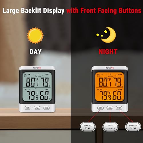 TempPro Indoor Outdoor Thermometer Wireless, 500 ft Outside Thermometer with Cold-Resistant Sensor, Outdoor Thermometer Waterproof for Patio with 3.3" LCD Backlit Display (Previously ThermoPro)