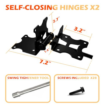 Heavy Duty Self-Closing Gate Hinges for Vinyl & Wooden Fence Gates, 90° Adjustable Hinges Kit with Swing Adjuster Tool and Self-Tapping Screws, Non-Weld Black Finish, 2-Pack - size: Gate Hinges-2 Pcs