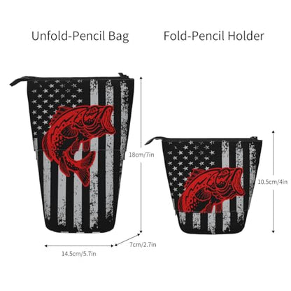 Fishing American flag Standing Pencil Case Cute Telescopic Stationary Pouch with Zipper Large Capacity Stand up Pen Bag Portable Makeup Holder for School Office Supplies - color: Fishing