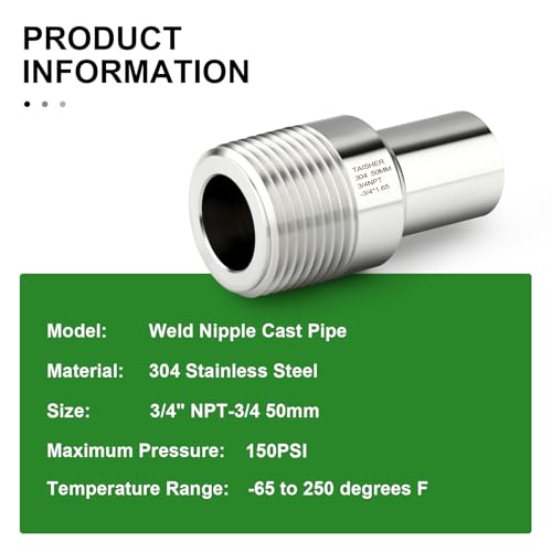 TAISHER 5PCS 304 Stainless Steel Pipe Fittings, 3/4" NPT Male Threaded, 2" Length Weld Nipple Cast Pipe - size: 3/4" NPT x 3/4" OD(2" Length)