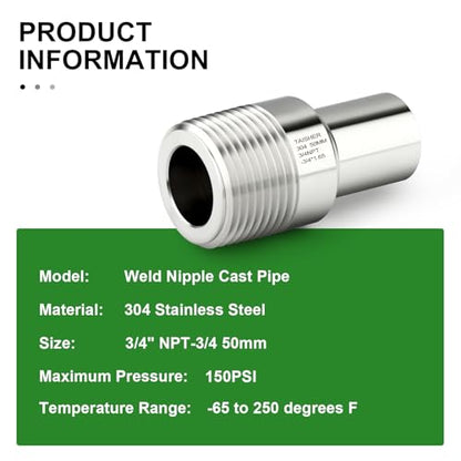 TAISHER 5PCS 304 Stainless Steel Pipe Fittings, 3/4" NPT Male Threaded, 2" Length Weld Nipple Cast Pipe - size: 3/4" NPT x 3/4" OD(2" Length)