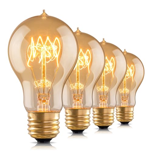Warm Incandescent Light Bulbs 60 Watt,A19/A60 Vintage Style Edison Bulbs E26,Soft Yellow Light Bulbs,Amber Bulbs,Retro Light Bulb Old Fashioned,Halogen Dimmable Edison Bulb Squirrel Cage - size: 4 Count (Pack of 1)