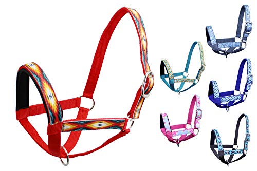 Double Layer Heavy Duty Padded Overlay Printed Nylon Cow Halter - 6 Month Warranty - color: Red Aztec and Red, size: Medium (Calf)