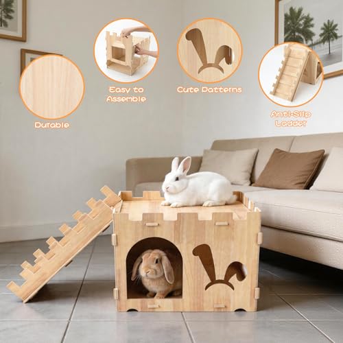 BWOGUE Extra Large Wooden Rabbit Castle Bunny House and Hideouts Detachable Small Animal Play Hideaway Hut for Indoor Adult Rabbit Guinea Pig Chinchilla Habitat - style: Modern