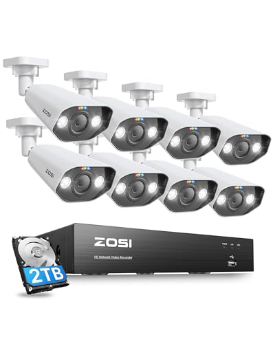 ZOSI 8CH 4K Spotlight PoE Security Camera System, 8pcs 8MP Outdoor Indoor Metal Cameras, Person/Vehicle Detection, 2 Way Audio, Color Night Vision, 8Channel NVR with 2TB HDD for Home 24/7 Recording - size: 8CH+8Cam+2TB